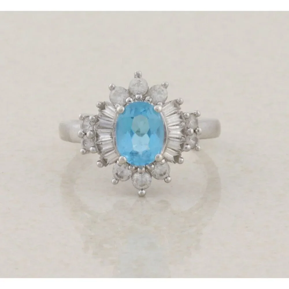 Sterling Silver Natural Blue Topaz and White Topaz Ring Ballerina Ring Size 7 - Picture 1 of 8